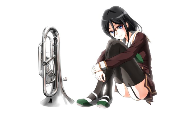 Anime picture 2400x1600 with hibike! euphonium kyoto animation tanaka asuka genya (genya67) single long hair looking at viewer highres blue eyes light erotic black hair simple background white background girl thighhighs skirt black thighhighs miniskirt glasses musical instrument