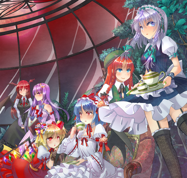 Anime picture 1500x1427 with touhou flandre scarlet remilia scarlet izayoi sakuya patchouli knowledge hong meiling koakuma puetilun (artist) long hair short hair blue eyes blonde hair red eyes purple eyes multiple girls blue hair purple hair red hair braid (braids) grey hair