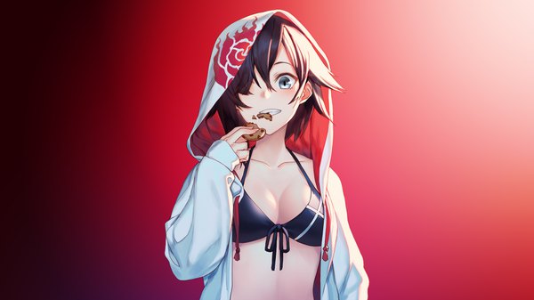 Anime picture 3840x2160 with rwby rooster teeth ruby rose assassinwarrior ac (eshi) single looking at viewer blush fringe highres short hair breasts light erotic simple background brown hair wide image absurdres cleavage upper body long sleeves
