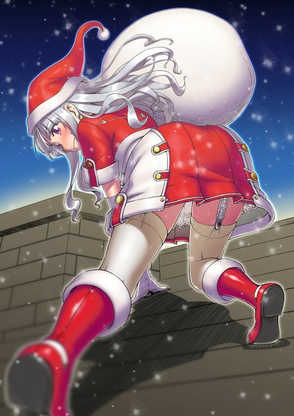 Anime picture 744x1052 with idolmaster shijou takane kawamura kazuma single long hair tall image blush silver hair pink eyes from below snowing christmas winter girl thighhighs gloves white thighhighs elbow gloves boots santa claus hat