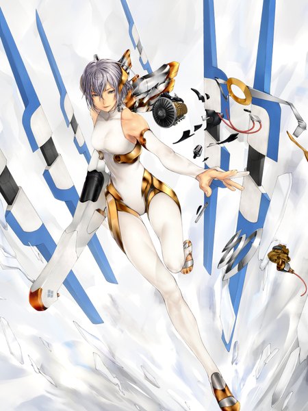 Anime picture 1722x2296 with simuka (kazakami) single tall image highres short hair blue eyes smile bare shoulders purple hair lips mechanical mechanical wings girl gloves wings elbow gloves fingerless gloves bodysuit collar fan