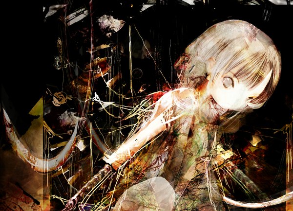 Anime picture 1024x742 with original 86thunder single looking at viewer short hair silver hair silver eyes girl wire (wires) android