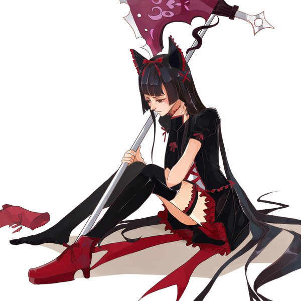Anime picture 2000x2000 with gate - jieitai ka no chi nite kaku tatakaeri rory mercury polina ts single highres black hair simple background red eyes white background sitting holding payot full body bent knee (knees) very long hair arm support puffy sleeves looking down lolita fashion frilly skirt
