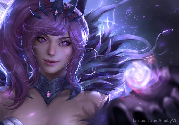 Anime picture 2000x1392 with league of legends lux (league of legends) elementalist lux chubymi single long hair looking at viewer highres short hair smile purple eyes signed purple hair parted lips lips realistic depth of field lipstick magic side ponytail