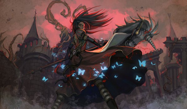Anime picture 1173x684 with american mcgee's alice (game) alice: madness returns alice (wonderland) alice (american mcgee's) kamen arisu long hair black hair wide image looking back destruction girl dress bow weapon insect butterfly skull castle unicorn