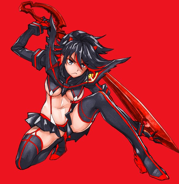 Anime picture 1167x1200 with kill la kill studio trigger matoi ryuuko matsuryuu single tall image looking at viewer short hair blue eyes light erotic black hair simple background multicolored hair two-tone hair streaked hair underboob red background fighting stance girl skirt