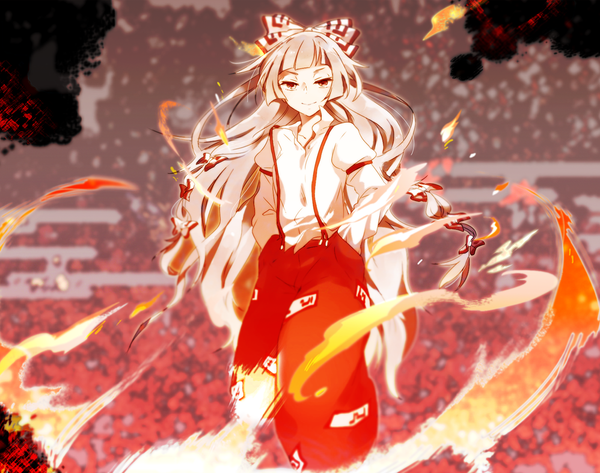 Anime picture 1200x947 with touhou fujiwara no mokou rin (cuddlecore) single long hair looking at viewer fringe smile red eyes silver hair hands in pockets girl bow hair bow shirt suspenders flame