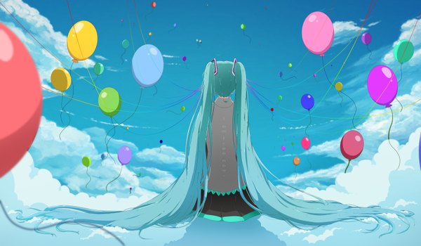 Anime picture 3000x1750 with vocaloid hatsune miku savi (byakushimc) single highres wide image sitting twintails sky cloud (clouds) very long hair pleated skirt from behind aqua hair back reflection girl skirt balloon
