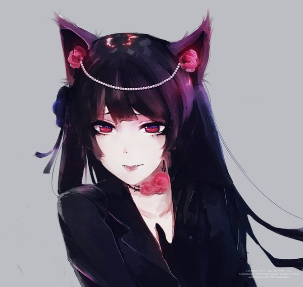 Anime picture 1800x1709 with aizawa aoi ogata single long hair looking at viewer blush fringe highres black hair simple background smile hair between eyes red eyes signed animal ears upper body parted lips cat ears grey background cat girl
