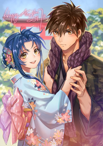 Anime picture 700x990 with full metal panic! gonzo chidori kaname sagara sousuke lorein long hair tall image looking at viewer blush short hair open mouth smile brown hair brown eyes signed yellow eyes payot blue hair traditional clothes japanese clothes