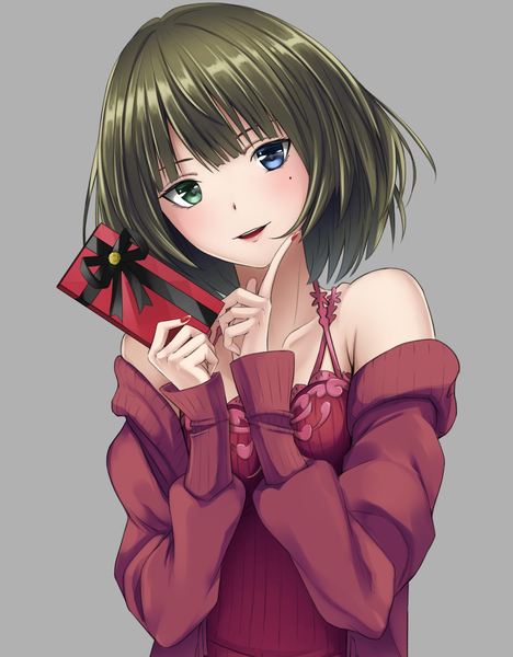 Anime picture 1000x1280 with idolmaster idolmaster cinderella girls takagaki kaede sugi 214 single tall image looking at viewer blush fringe short hair open mouth simple background bare shoulders nail polish green hair grey background mole mole under eye heterochromia valentine