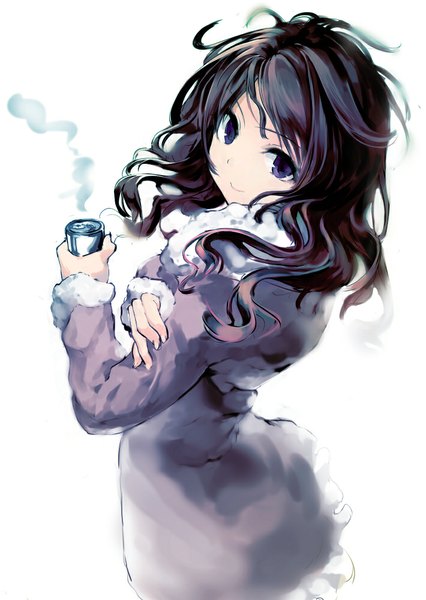 Anime picture 710x1000 with original iori (cpeilad) single long hair tall image fringe black hair simple background smile standing white background looking back wavy hair steam girl fur coat drink