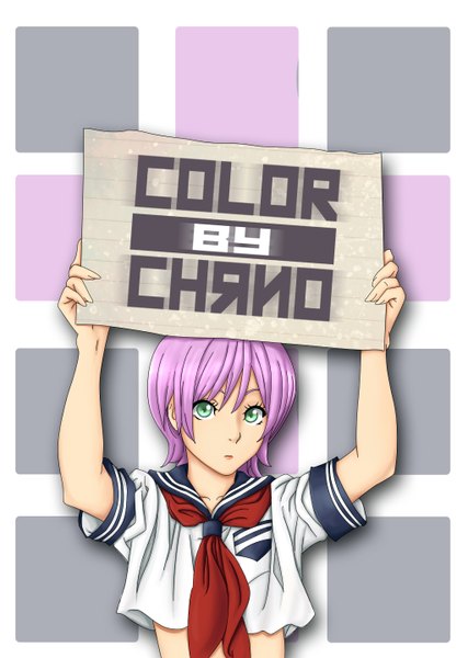Anime picture 1024x1438 with lchrno single tall image looking at viewer short hair simple background green eyes signed pink hair girl uniform serafuku