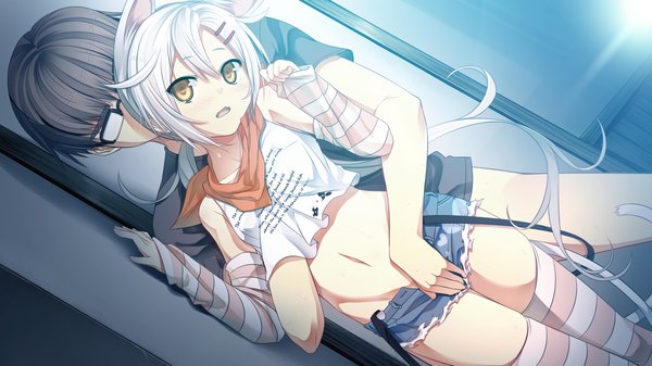Anime picture 2560x1440 with monobeno chima (monobeno) cura highres short hair light erotic black hair wide image animal ears yellow eyes game cg white hair cat ears cat girl cat tail girl thighhighs boy navel detached sleeves
