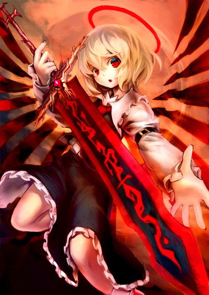 Anime picture 1000x1415 with touhou rumia spark621 single tall image looking at viewer short hair open mouth blonde hair red eyes outstretched arm girl dress weapon sword wings frills halo