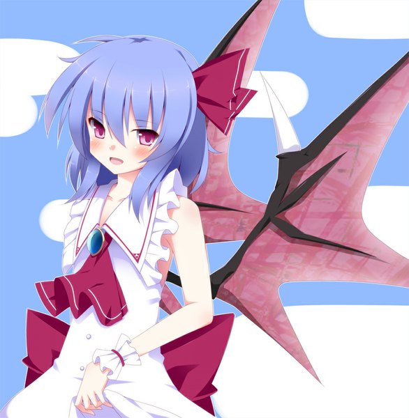 Anime picture 1000x1024 with touhou remilia scarlet kurono yuzuko single tall image blush fringe short hair open mouth bare shoulders blue hair looking away pink eyes bat wings girl ribbon (ribbons) hair ribbon wings brooch
