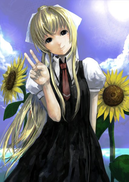 Anime picture 1000x1411 with air key (studio) kamio misuzu koruse single long hair tall image looking at viewer blue eyes blonde hair smile ponytail victory girl dress sunflower