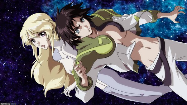 Anime picture 2048x1152 with heroic age xebec age (heroic age) dhianeila dhianeila y leisha altoria ol yunos hirai hisashi long hair looking at viewer highres short hair open mouth blue eyes black hair blonde hair brown hair wide image purple eyes open jacket space girl