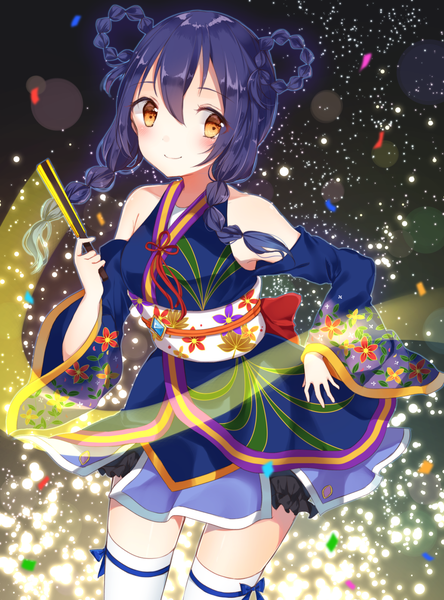 Anime picture 1032x1394 with love live! school idol project sunrise (studio) love live! sonoda umi shiino sera (gelatin) single long hair tall image blush fringe smile standing yellow eyes looking away purple hair braid (braids) long sleeves traditional clothes japanese clothes wide sleeves