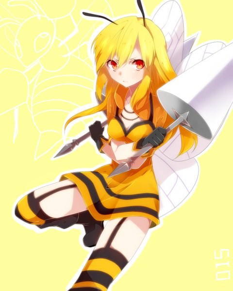 Anime picture 1200x1500 with pokemon nintendo beedrill takeshima eku single long hair tall image looking at viewer blonde hair red eyes gen 1 pokemon pokemon number girl thighhighs dress gloves weapon wings striped thighhighs