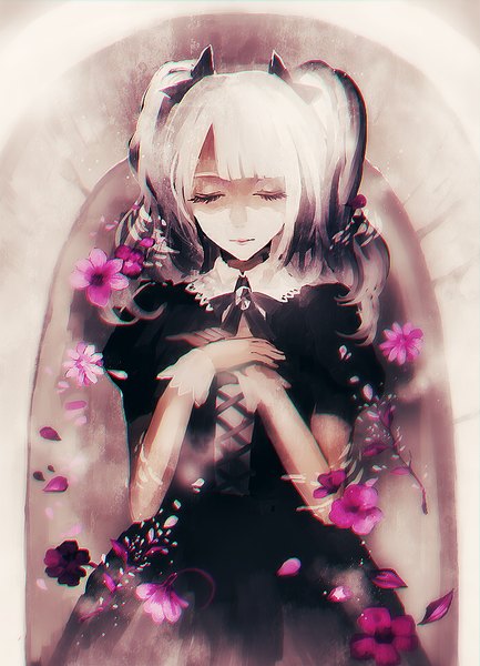 Anime picture 700x969 with original yumeno yume single long hair tall image twintails white hair lying eyes closed partially submerged lolita fashion girl dress gloves flower (flowers) bow hair bow petals water white gloves