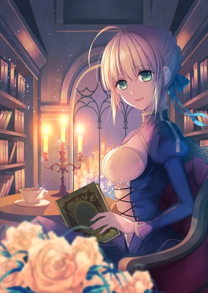 Anime picture 852x1200 with fate (series) fate/stay night type-moon artoria pendragon (all) saber necomi (gussan) single long hair tall image looking at viewer fringe breasts blonde hair smile sitting holding green eyes ahoge indoors braid (braids)