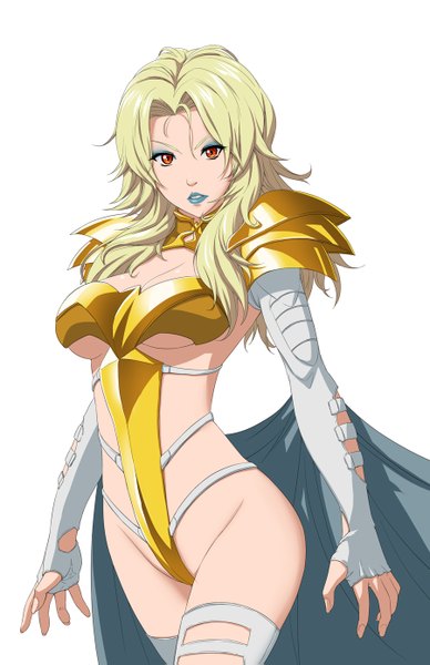 Anime picture 900x1391 with x-men marvel comics emma grace frost mahenbu single long hair tall image looking at viewer highres light erotic simple background blonde hair red eyes white background lips alternate costume girl thighhighs armor