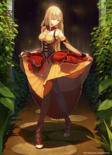 Anime picture 1024x1413 with fate (series) fate/stay night fate/unlimited codes studio deen artoria pendragon (all) saber saber alter cao xiong (tlb12121) single long hair tall image fringe breasts blonde hair standing bare shoulders eyes closed alternate costume walking girl