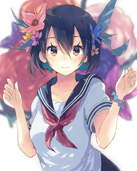 Anime picture 900x1126 with original ultone (neisiss) single tall image looking at viewer blush fringe short hair blue eyes black hair yellow eyes blue hair parted lips multicolored hair arm up hair flower two-tone hair multicolored eyes girl uniform