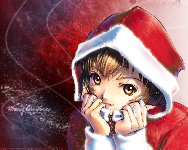 Anime picture 1280x1024 with kobayashi yuji kc2 single looking at viewer short hair brown hair brown eyes signed upper body christmas third-party edit head rest 2005 girl hood santa claus costume