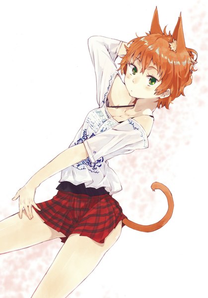 Anime picture 751x1075 with original hrd single tall image looking at viewer blush short hair simple background white background bare shoulders animal ears tail animal tail cat ears orange hair cat girl cat tail plaid skirt girl skirt
