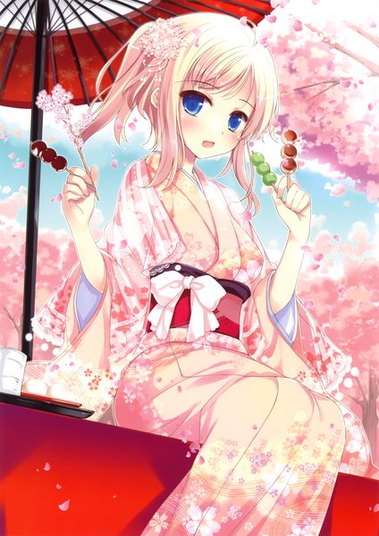 Anime picture 3252x4601 with original ko~cha tall image blush highres short hair open mouth blue eyes blonde hair sitting absurdres japanese clothes cherry blossoms girl plant (plants) petals tree (trees) kimono umbrella obi