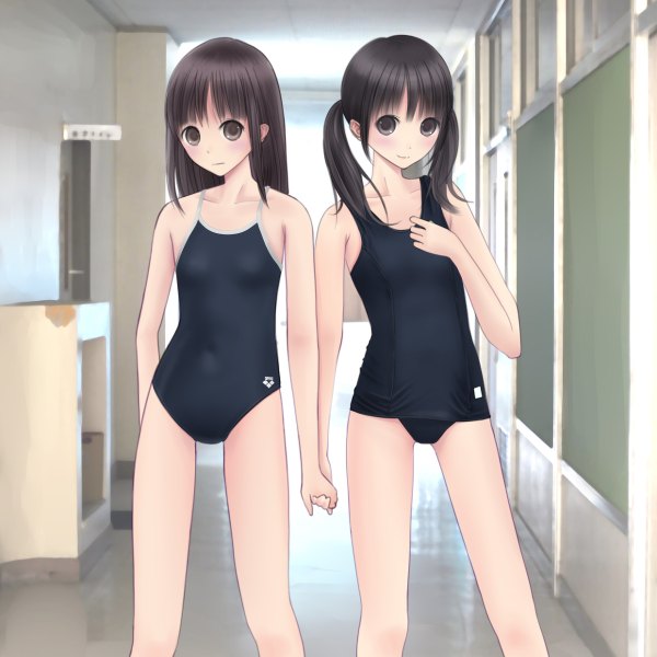Anime picture 1200x1200 with original chikuwa (odennabe) long hair blush black hair twintails multiple girls black eyes holding hands girl 2 girls swimsuit one-piece swimsuit school swimsuit