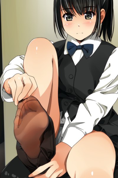 Anime picture 800x1200 with original matsunaga kouyou single tall image short hair light erotic black hair sitting looking away bent knee (knees) ponytail black eyes pantyshot legs shiny skin undressing pantyhose pull girl underwear panties