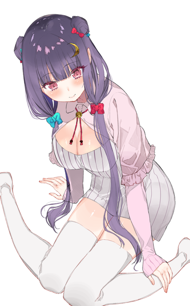 Anime picture 2163x3472 with touhou patchouli knowledge kayahara (kayaka) single long hair tall image blush fringe highres light erotic simple background white background sitting twintails looking away cleavage purple hair blunt bangs long sleeves pink eyes