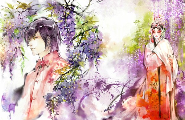 Anime picture 1090x709 with daomu (grave robbery note) kei shu (artist) long hair short hair standing yellow eyes purple hair traditional clothes japanese clothes profile lipstick red lipstick makeup girl boy flower (flowers) shirt kimono leaf (leaves) buttons