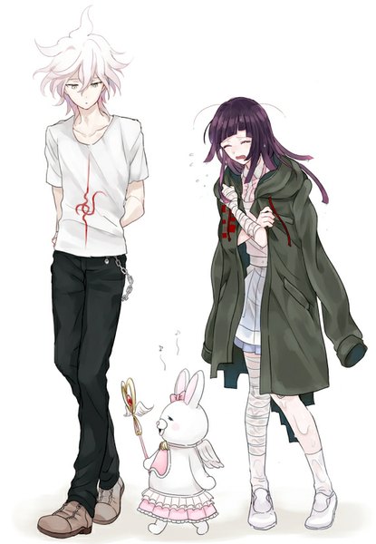 Anime picture 571x824 with dangan ronpa super dangan ronpa 2 komaeda nagito monomi tsumiki mikan urahara long hair tall image fringe short hair open mouth simple background white background purple hair white hair eyes closed wet looking down hands behind back messy hair