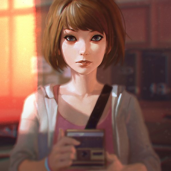 Anime picture 900x900 with life is strange max caulfield ilya kuvshinov single looking at viewer fringe short hair blue eyes brown hair parted lips blurry realistic open jacket light girl jacket bracelet camera