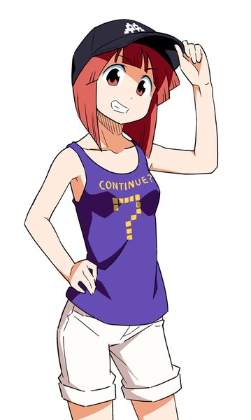 Anime picture 640x1069 with shinryaku! ika musume space invaders aizawa eiko anbe masahiro single tall image looking at viewer fringe short hair simple background red eyes white background red hair official art teeth hand on hip girl shorts tank top baseball cap