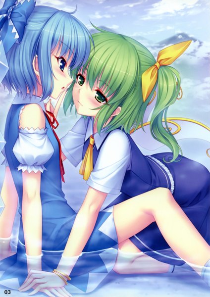 Anime picture 2498x3536 with touhou cirno daiyousei sayori tall image highres short hair blue eyes multiple girls green eyes blue hair green hair one side up girl bow 2 girls hair bow wings water bracelet