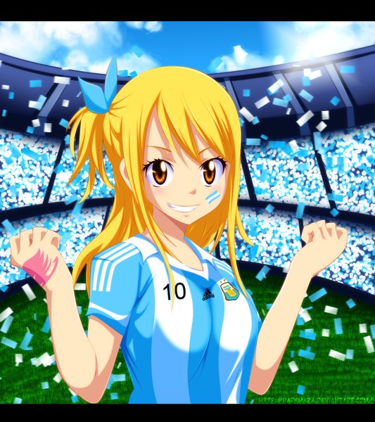 Anime picture 1200x1350 with fairy tail adidas lucy heartfilia darkmaza single long hair tall image blonde hair smile brown eyes sky cloud (clouds) tattoo one side up grin coloring facial mark letterboxed girl uniform