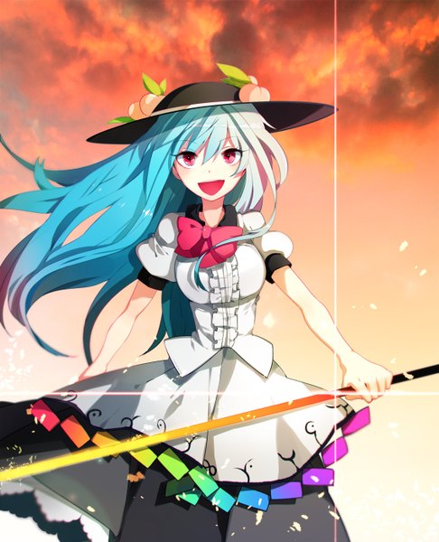 Anime picture 1134x1400 with touhou hinanawi tenshi dasulchan single long hair tall image looking at viewer blush open mouth red eyes blue hair sky wind girl weapon hat sword fruit peach hisou no tsurugi