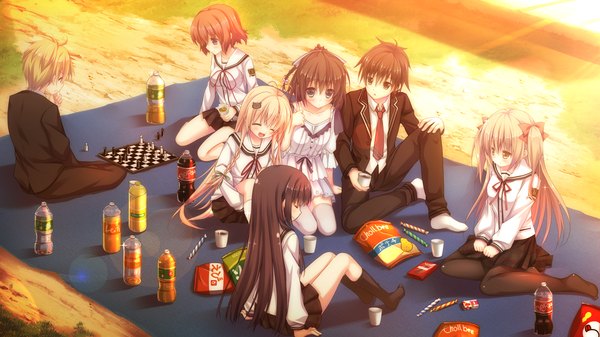 Anime picture 1280x720 with hare nochi kitto nanohana biyori coca-cola ayasaki nanoka long hair blush short hair blue eyes blonde hair brown hair wide image sitting multiple girls brown eyes game cg girl boy skirt uniform bow hair bow