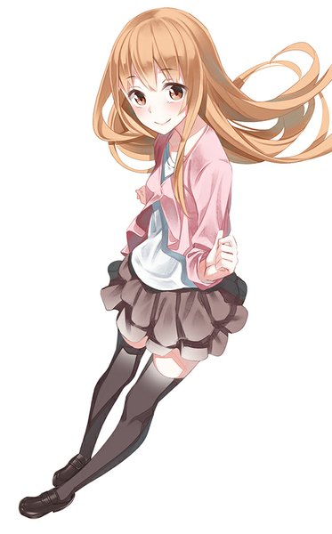 Anime picture 560x900 with himouto! umaru-chan doga kobo doma umaru yasuno (airy light) single long hair tall image looking at viewer blush fringe simple background blonde hair smile standing white background brown eyes zettai ryouiki girl thighhighs skirt