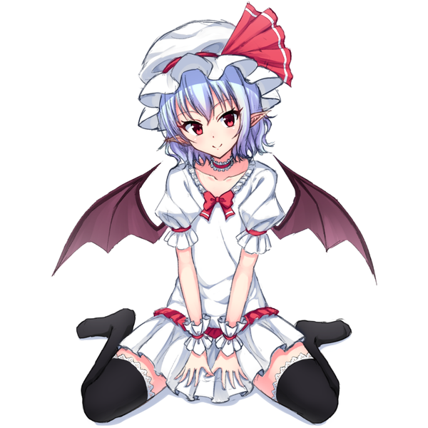 Anime picture 1080x1080 with touhou remilia scarlet junior27016 single looking at viewer short hair simple background smile red eyes white background sitting blue hair full body head tilt pointy ears short sleeves spread legs zettai ryouiki puffy sleeves wariza