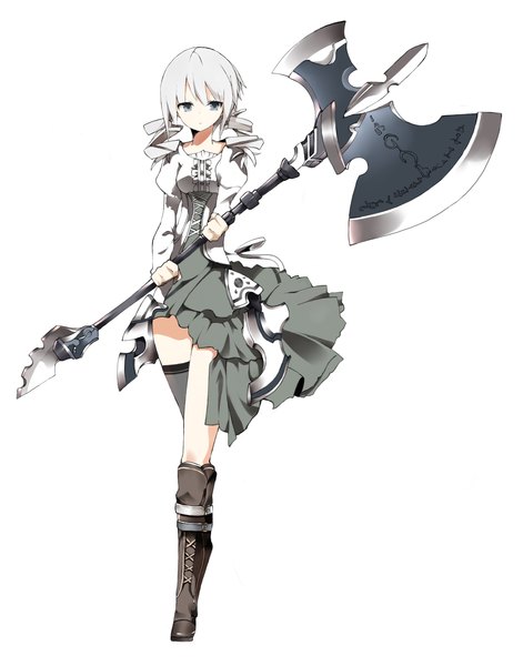 Anime picture 1569x2000 with original kotatu (akaki01aoki00) single long hair tall image looking at viewer simple background white background twintails silver hair grey eyes drill hair girl thighhighs dress weapon knee boots single thighhigh huge weapon axe