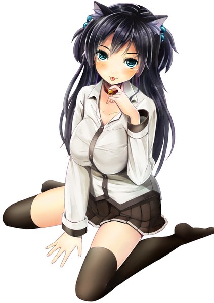 Anime picture 2466x3500 with original kose takashi long hair tall image looking at viewer blush highres breasts blue eyes light erotic black hair simple background large breasts white background sitting animal ears cat ears :p girl thighhighs