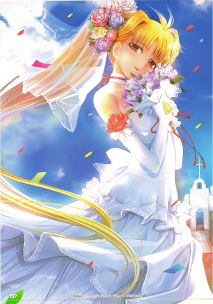 Anime picture 1200x1714 with mahou shoujo lyrical nanoha fate testarossa bardiche mikazuki akira single long hair tall image looking at viewer blush blonde hair red eyes sky hair flower wind scan girl dress gloves hair ornament flower (flowers)