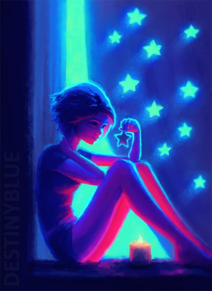 Anime picture 958x1315 with original destinyblue single tall image short hair sitting looking away bent knee (knees) glow girl curtains fire candle (candles)