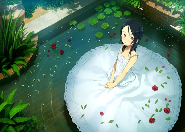 Anime picture 1687x1200 with original yoshida seiji single long hair blush fringe black hair sitting bare shoulders brown eyes from above flat chest looking up girl dress flower (flowers) plant (plants) petals water white dress